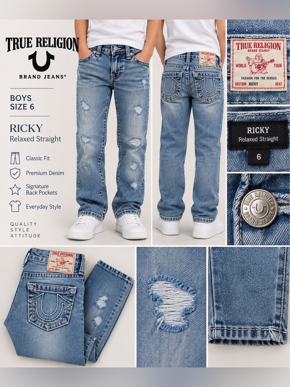 True Religion Boys Ricky Relaxed Straight Distressed Jeans Size 6 NWT